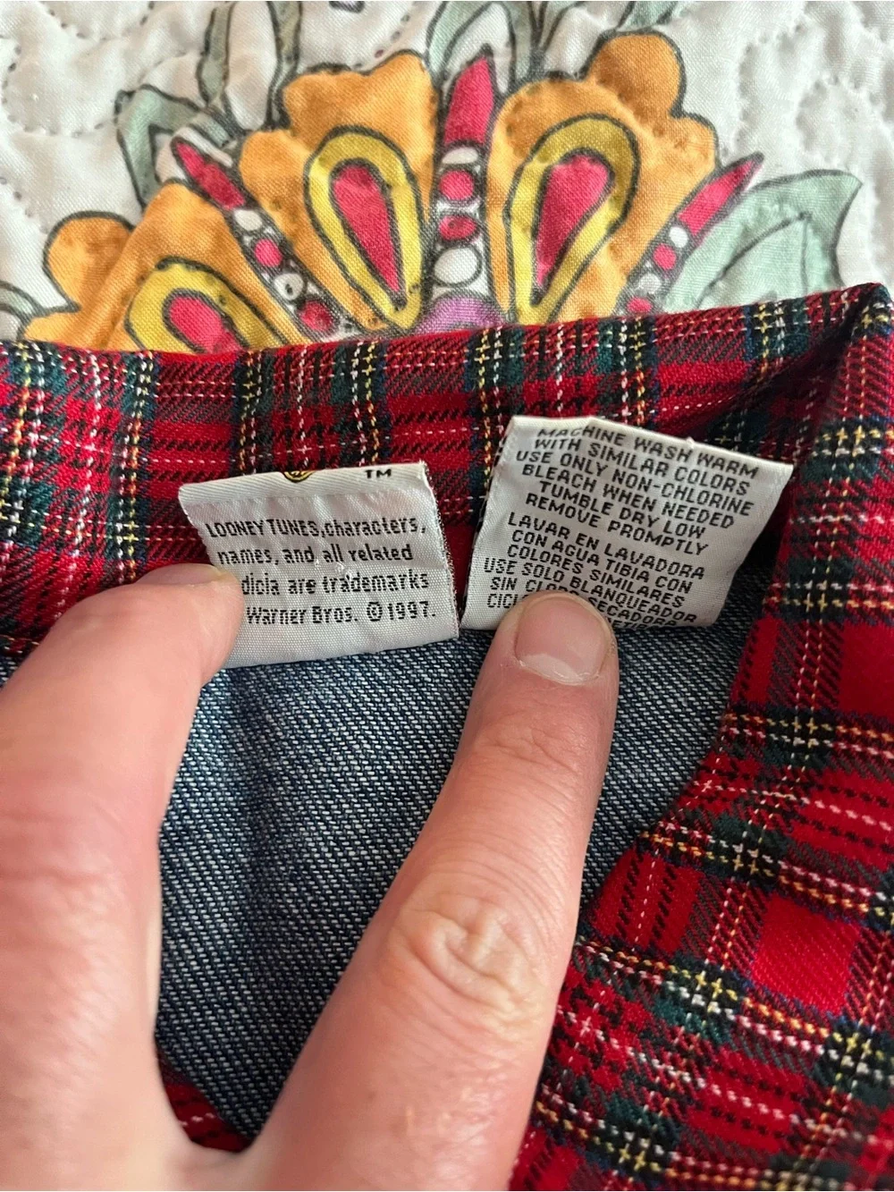 Vintage 1997 90’s Tweedy Bird Denim Jacket youth kids Size 14 Red Plaid Heart